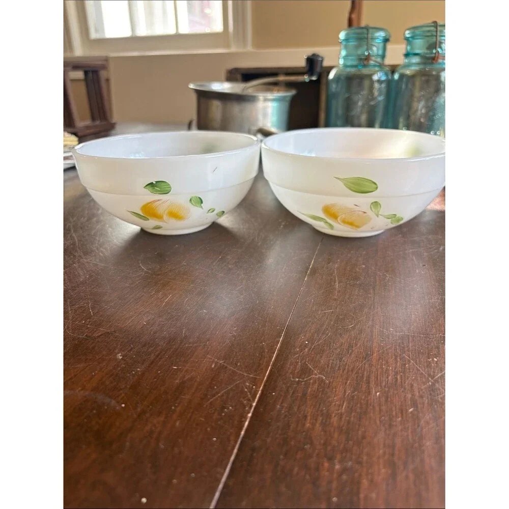 2 Vintage Fire-King milk glass bowls hand-painted fruit design